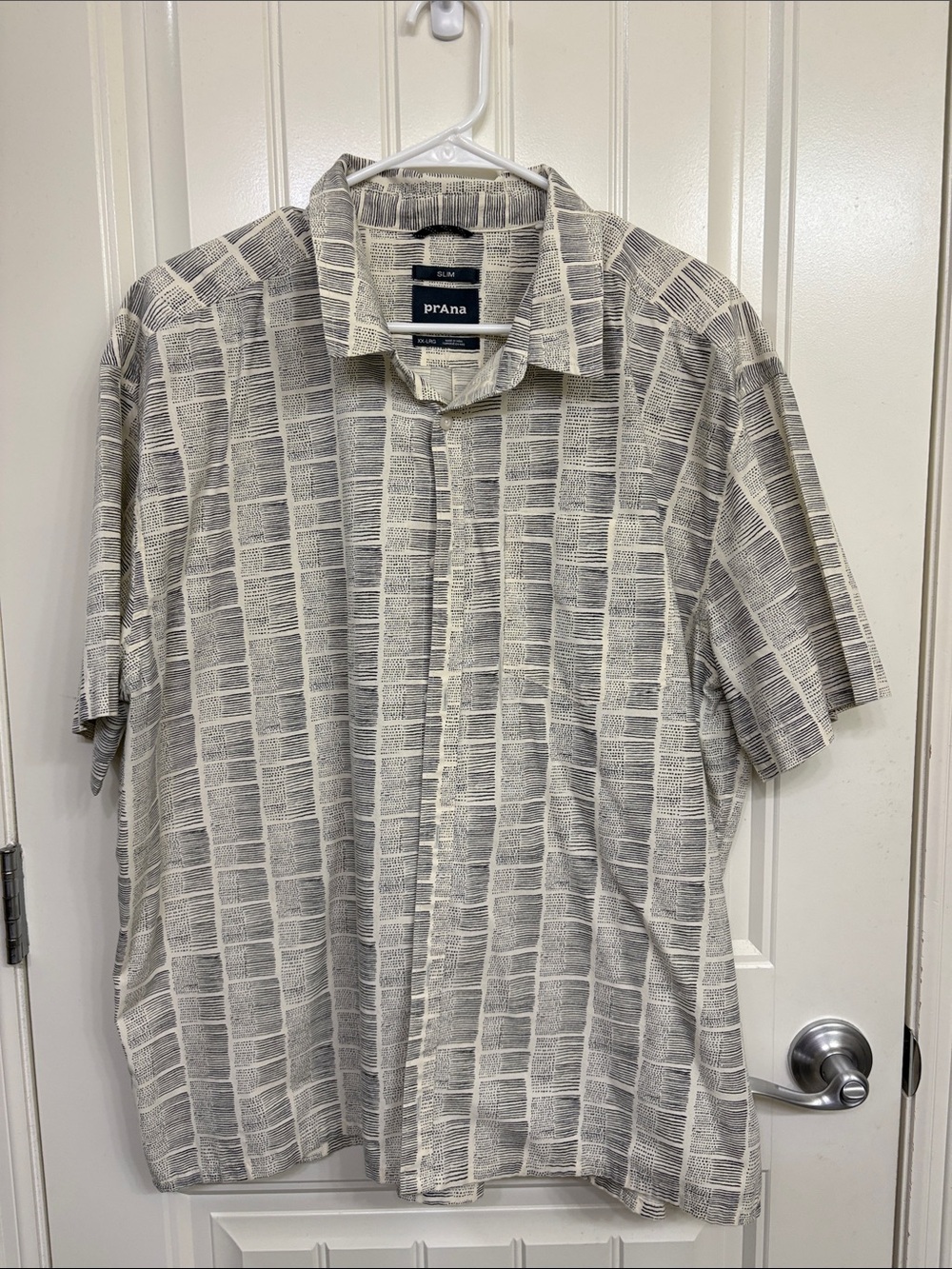 Prana Short-Sleeve Button-Up Shirt in Cream and Gray Block Stripe